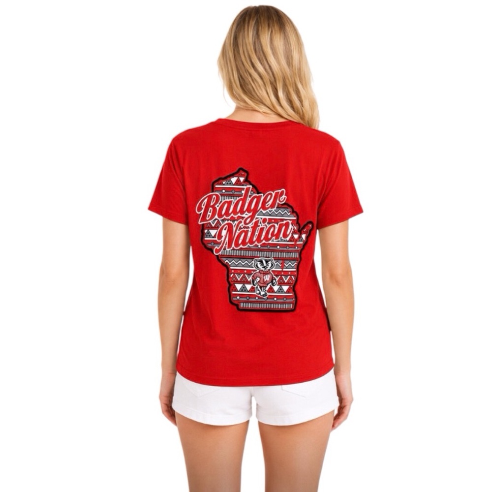 Wisconsin Badger Nation Womens T Shirt Size Small V Neck Tee Front Back Logos